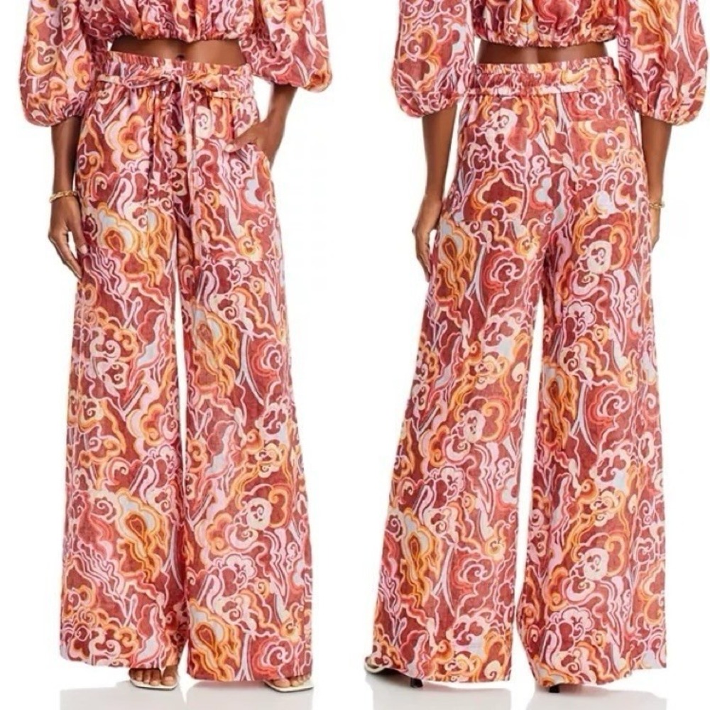 A.L.C. Naomi Print 100% Linen Wide Leg Palazzo Pants Elastic Waist Bohemian‎ 8